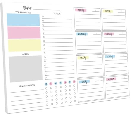 A4 Weekly Planner Pad, 52 Sheet Undated Desk Organiser for Work, Fitness & Meal Planning, Colourful