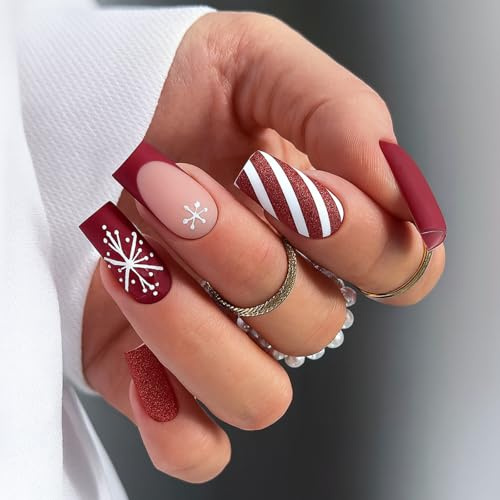 Christmas False Nails,French Tip False Nails with Glue，24Pcs Medium Square Red Fake Nails Matte - Xmas Snowflake Designs Press on Nails - Acrylic Full Cover Fake Nails with Glue for Nail Art