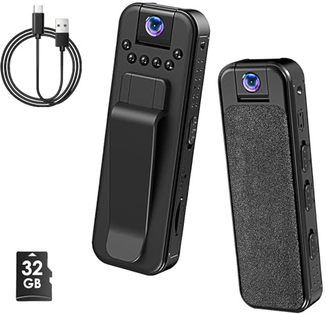 Bodycam, 1080P Bodycam - Mini fotocamera per il corpo con scheda TF da 32 GB e obiettivo girevole a 180°, registrazione audio, telecamera tascabile portatile, senza Wi-Fi, con visione notturna per