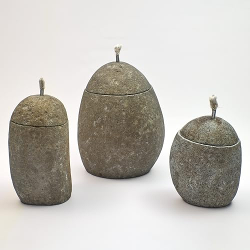 Bamboona Handgefertigte Öllampe aus indonesischem Flussstein mit Docht und abnehmbarem Deckel (L: H: 33 cm)