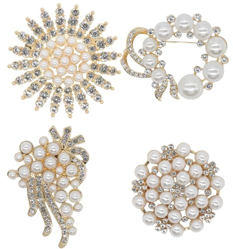 Set di 4 spille e fermagli con cristalli e perle per donna, decorazioni con spille per abiti da cerimonia, perfetti per matrimoni, tailleur e occasioni formali