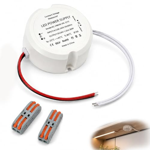 Trasformatore LED 24 V 30 W 1.25 A, resa rotonda Ø55 mm, alimentazione per illuminazione a LED per interni esterni, faretti di facile installazione con connettori, lunga durata (24 V 30 W)