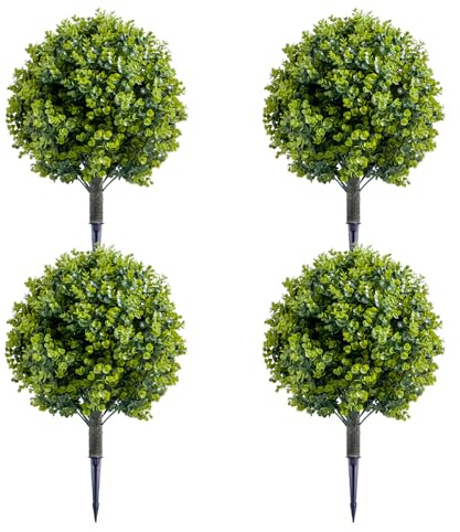 Garvee 4Pcs Artificial Boxwood Topiary Tree Stake Sets - PE Faux Plants with Iron Ground Spikes, for Outdoor & Indoor Garden/Living Room Decoration, 40×55×40cm, Green