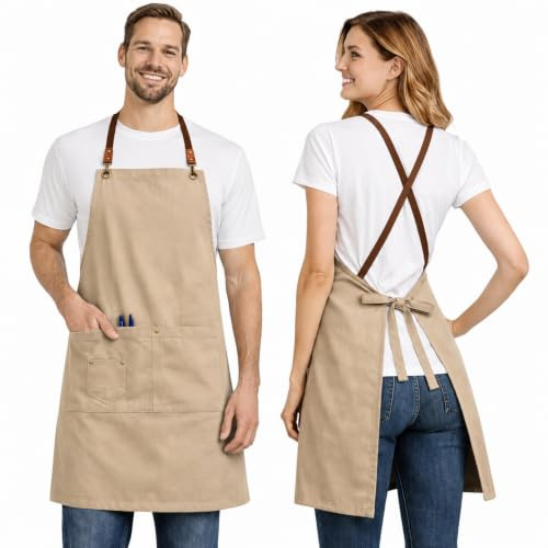 Delantal Cocina Hombre y Mujer Cruzado Espalda 3 bolsillos. Pack 2. Beige