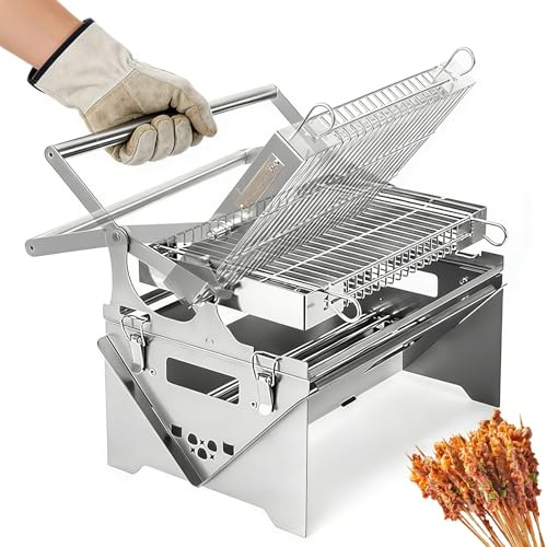 Griglia per barbecue girevole, griglia a carbone ribaltabile manuale, cestello regolabile, design staccabile, ribaltabile su entrambi i lati, in acciaio inox per cucinare all'aperto