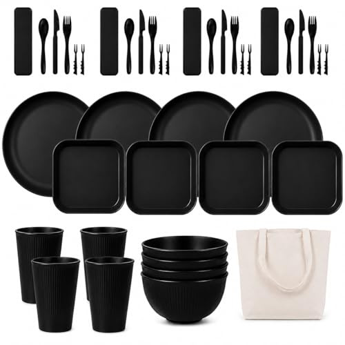 AURALIN Camping Dinnerware Set for 4 41 Pieces Black Food-Grade PP | Food-grade PP set with plates bowls cups dishes cutlery boxes fruit forks and canvas bag for picnics BBQs and travel