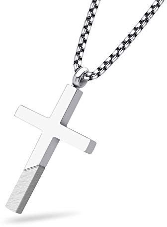 555Jewelry Collana con ciondolo a forma di croce per uomo e donna, pendente in acciaio inossidabile con catenina da 40,6 - 61 cm, Acciaio inossidabile, Non pietra preziosa