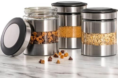 Le'raze Quality Stainless Steel Canister Set of 3 for Kitchen Counter with Glass Window & Airtight Lid - Food Storage Containers with Lids Airtight - Pantry Storage and Organization Set