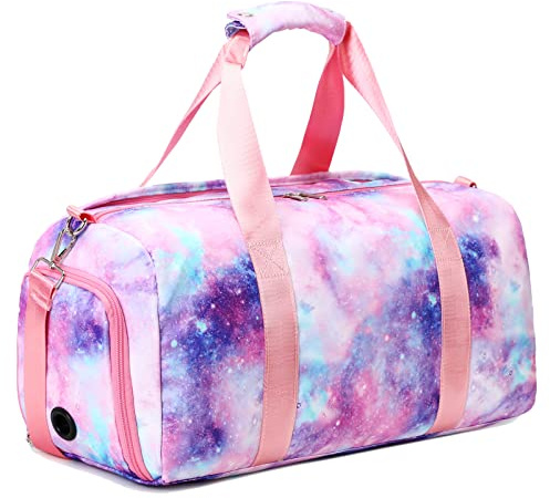 Duffle Bag Girls Teens Kids Sports Gym Bag with Shoe and Wet Clothes Compartments, Dance Swimming Sleepover Overnight Weekender Travel Bag, 03-Galaxy Pink