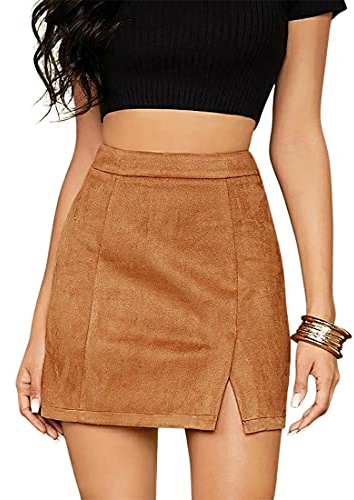 VNDFLAG Women's High Waist Faux Suede Side Split Bodycon Short Mini Skirt