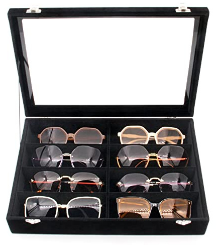 KLOUD City Luxury Sunglasses Organizer - 8 Slot Velvet Jewelry Storage Case with Clear Glass Lid | Dustproof, Scratch-Resistant Display for Glasses & Watches | Elegant Gift Box (14x9.5)