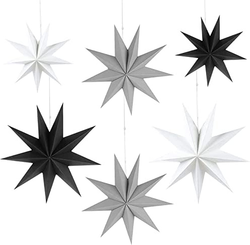 HBSTK 6 x Faltstern Weihnachten Papiersterne 9 Zacken Faltsterne Sterne Papier 3D Sterne zur Dekoration von Fenster Weihnachtsbaum Advent 2 x Φ25 cm, 2 x Φ30 cm, 2 x Φ45 cm (Schwarz, Weiß, Grau)