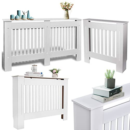 Radiator Heater Cover White Modern MDF Vertical Slats Wooden Top Radiator Cabinet for Hallway Living Room Bedroom Radiator, Wooden Heating Storage Extra Slimline Grill Shelves Radiator Shelf, Small