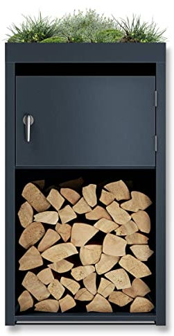 Metzler Brennholzregal mit Pflanzdach - Kaminholzregal, Kaminholzhalter, Holzregal - Einzelbox - massiv & rostfrei - RAL7016 Anthrazit matt