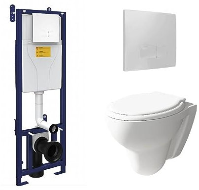 White Ceramic Wall Hung Round Modern Bathroom Toilet with Wall Hung Toilet Cistern/Frame and White Flush Plate Set, Dual Flush Cistern, Soft Close Seat and Flush Plate