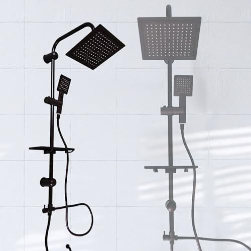 MAKA Colonna Doccia con Soffione e Doccetta a Pioggia senza Miscelatore Moderno in Alluminio e PVC Set Bagno con Porta Sapone e Shampoo Saliscendi Kit Accessori Inclusi (Quadrato Nero Mat)