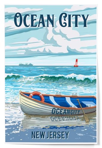 Lantern Press Ocean City, New Jersey, Lifeboat on Beach, 12x18 Inch Art Print, Home Decor
