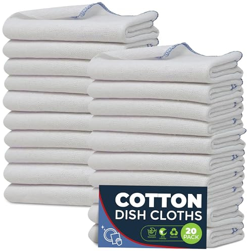 Towelogy Dish Towels 20 Pack - 38 x45cm Extra Large Cotton Dishcloths Commercial Grade Kitchen Cloths (White/Blue Bordered, 20)