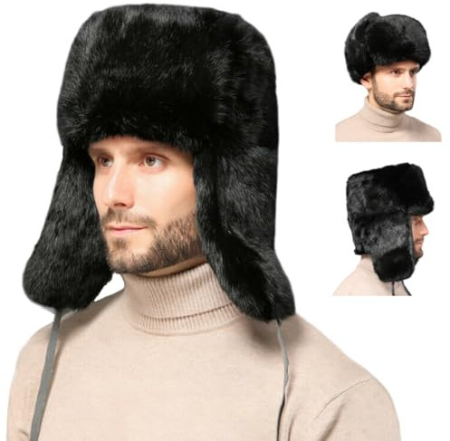 OSMARI Unisex Russische Wintermütze, Herren Winter Fliegermütze Russische Uschanka Hut mit Ohrenschützer Kappe Windbreaker, Schwarz XXL, L-3XL