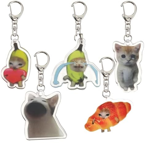 Ethlomoer 5 Cute and Funny Keychains for Backpacks and Cars, Kawaii Cat Keychains Set,featuring Cute Banana Cats (cat)