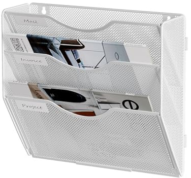 Senhoglb A4 Zeitungshalter Wand 3-stöckig Netzstoff Hängeregistraturhalter Zeitschriftenständer Wandordner Organizer mit Taschen Metall Dokumenten Organizer Prospekthalter Wand für Büro, Weiß