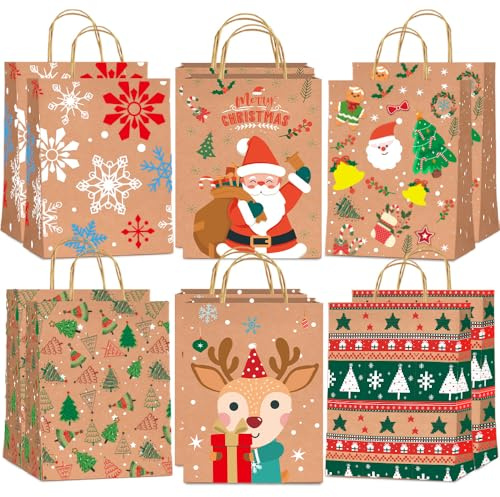 12 Weihnachtstüten aus Kraftpapier mit Griffen zur Aufbewahrung von Geschenken, Gebäck und Partyzubehör. Perfekt