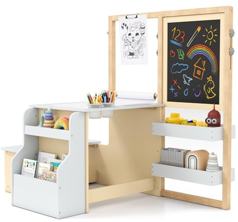 GOPLUS Bureau Enfant Fille Garcon avec Banc, 3 en 1 Tableau Chevalet Enfant Double Face Ajustable, Table de Dessin en Bois avec Rouleau de Papier, Tableau Blanc/Noir, Charge 50KG, Blanc