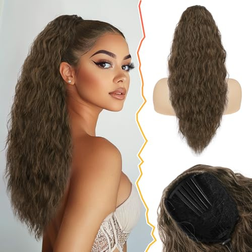 BARSDAR Ponytail Extension, 56cm Lockige Wellige Pferdeschwanz Haarverlängerungen mit Kordelzug Synthetisch Comb Clip in Pferdeschwanz Haarteil Zopf für Frauen - Mittleres Braun Gemischt