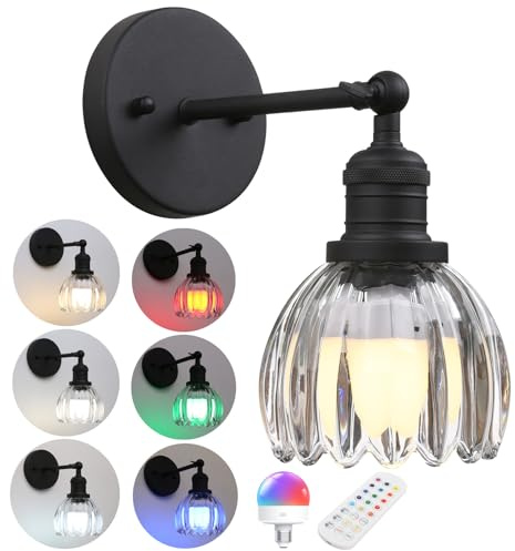 Phansthy Vintage Battery Operated Wall Sconce with Transparent Tulip Glass Lampshade, USB Rechargeable Battery Powered Wall Light with 12 RGB Remote Control for Bedside Bedroom Doorway (Black)
