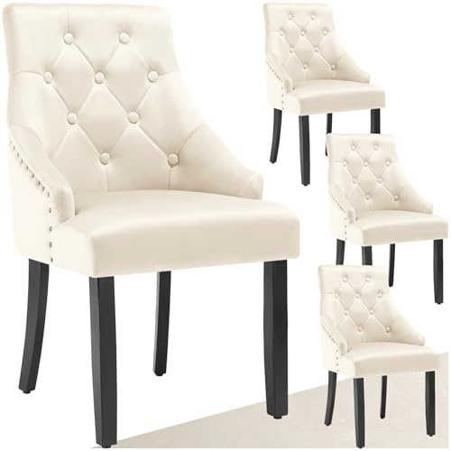 tectake® Set da 4, sedie da pranzo, rivestimento in velluto morbido, seduta imbottita in gommapiuma, schienale curvo, gambe in legno massiccio, sedie cucina, soggiorno, sedia ergonomica - Crema/Nero