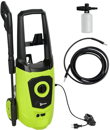 DURHAND Hidrolimpiadora de Alta Presión 1800W Caudal 510 L/h con Bomba de Aluminio Parada Automática Presión de 150 Bar Manguera de 6 m Incluye Botella de Jabón Boquilla Cepillo Verde y Negro