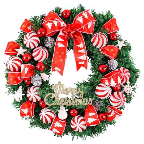Luxuriöser Weihnachtskranz mit Schleife, dekoriert, mit Kugeln, eleganter Weihnachtskranz mit Festival-Ornament für drinnen