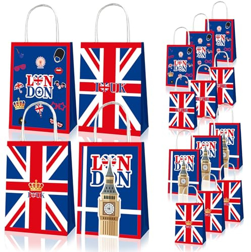 12Pcs Union Jack Flag Gift Bags Paper Party Bag for VJ Day 80th Anniversary Decorations,British UK Flag Kraft Paper Bags with Handle for Presents,80 Years Victory In Europe Union Jack Party Supplies