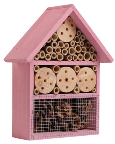 HMIR Wooden Insect & Bee House Natural Wood Bug Hotel, Wooden Multi Insect Bug Hotel Garden House Hotel for Bees, Wood Bug Hotel Ladybird Shelter Garden Nest Box (H30xW25xD10cm) (Pink, Small)
