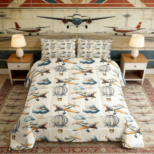Manfei Hot Air Balloons Kids Comforter Set Toddler Size,Airplane Aircraft Aviation Plane Bedding Set,Boys Girls Room Decor,Cartoon Stars Clouds Dreamy Down Comforter,Blue Duvet Insert,1 Pillowcase