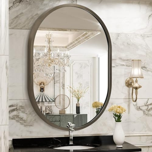 JJUUYOU Wandspiegel, klein, oval, für Badezimmer, 45,7 x 66 cm, Kosmetikspiegel für Wand, Metallrahmen, Make-up-Spiegel für Eingangsbereich, Wohnzimmer, Schlafzimmer, Wohnheim, dekorativ, Braun