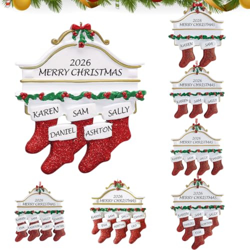 Weihnachts-Socken-Familiendekoration 2025, Personalisierte DIY Weihnachtsbaum-Anhänger für Familien mit 2,3,4,5,6,7,8 Personen, Christbaumschmuck Geschenk für Zuhause (Socken-5)