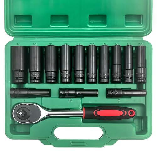 Jeu de 14 Douilles à Chocs Longues 1/2 Pouce (8-24mm) avec Cliquet et Coffret Douille, Jeu de Douilles Mâles à Chocs 6 Pans 1/2, Clé à Douille, Professionnel pour Réparation Auto & Changement de Pneus