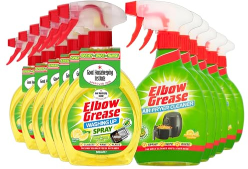 Elbow Grease Cleaning Spray Multipack | 6 x Washing Up Spray 500ml & 6 x Air Fryer Cleaner 500ml | All Purpose Degreaser, Lemon Fresh, Spray Wipe Rinse Household Cleaner | 12 Pack