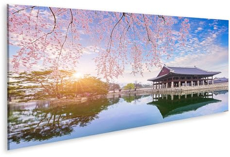 islandburner Cuadro sobre lienzo Flores de cerezo en el agua Vista Templo Cuadros Murales 120 x 40 cm