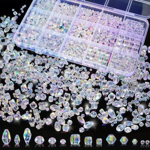 Vesavifaka 1500 Pezzi Perline di Vetro Cristallo per Braccialetti – 12 Stili Bicono, Rondelle, Cubo, Goccia & distanziatori da 3mm, creazione di Gioielli con Scatola di conservazione (4/6/8mm)