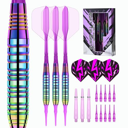 Mhekrep Soft dartpilset med plastspets, 22 gram, 3 stycken professionella dart för elektronisk darttavla, regnbågsfinish med 10 mjuka tips, 6 flygningar och förvaringslåda (färgat pulver)