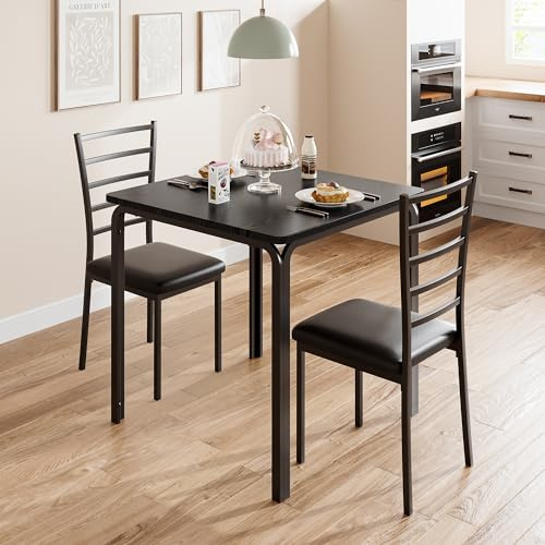 Crevyteg 3-teiliges Tisch mit Stühlen, Esstisch Klein mit 2 Stühlen, Quadratischer Esstisch aus Metall und Holz mit 2 Gepolsterten Stühlen, Küchentisch mit 2 Stühlen für Kleine Räume, Schwarz