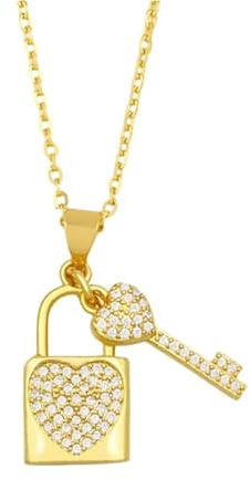 Girl Products Ciondolo con chiave a cuore in argento sterling 925 e pietra, lucchetto per donna, collana con lucchetto a catena da uomo