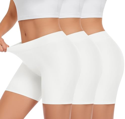 UMIPUBO Damshorts anti-skavning kvinnor boxershorts damer knubbig gnugga underkläder under klänning multipack stretch pojkshorts säkerhetstrosor med bomullsgren 3-pack löpning cykling, Vitt, M