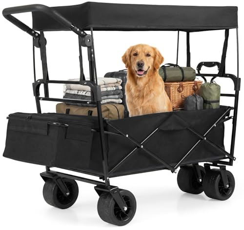 FANTASK Faltbarer Bollerwagen mit Sonnendach, Klappbarer Handwagen mit verstellbarem Griff, Strandwagen 100L mit Abnehmbarer Aufbewahrungstasche, Gartenwagen bis 100 kg für Camping (Schwarz)