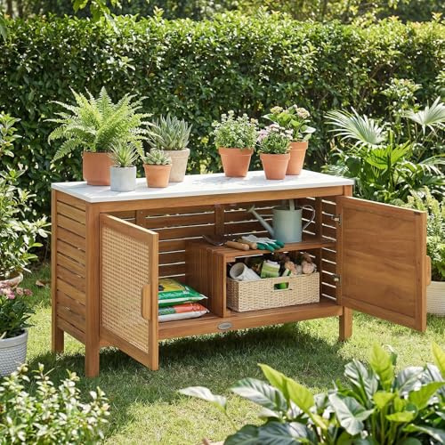 Goplus Outdoor Acacia Wood Storage Cabinet, Outside Tool Cabinet with Fax Marble Top, Rattan Doors, Inner Shelves & Hidden Compartment, Indoor Buffet Cabinet, Potting Table for Patio (Rattan Door)