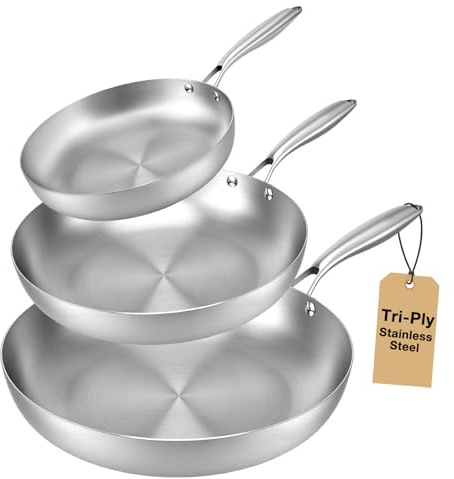 VeftBltrem 3PCS Stainless Steel Non-Stick Frying Pan Set, Tri-Ply Construction Induction Compatible Cookware, Oven Safe to 600°F, Healthy Non-Toxic & Dishwasher Safe, 22.5/26.5/30.5cm