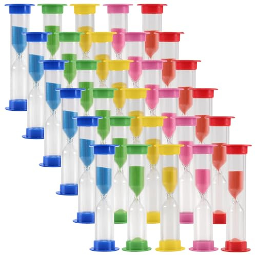 PUCSIQ 30 Stück Mini Sanduhr 3 Minuten Set | Kunststoff, Bunte Timer für Klassenzimmer, Zuhause, Büro, 5 Farben (8.7 x 2.5cm)