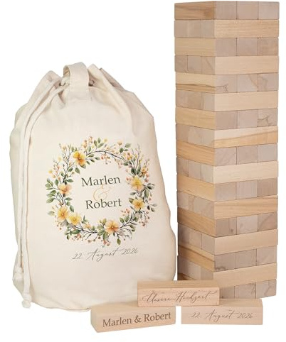 Herz & Heim® XXL Jenga Wackelturm Hochzeitsgeschenk – Gästebuch aus Holz personalisiert mit Gravur der Namen & Datum mit Geschenksack aus Baumwolle – Brautpaar Geschenk Hochzeit